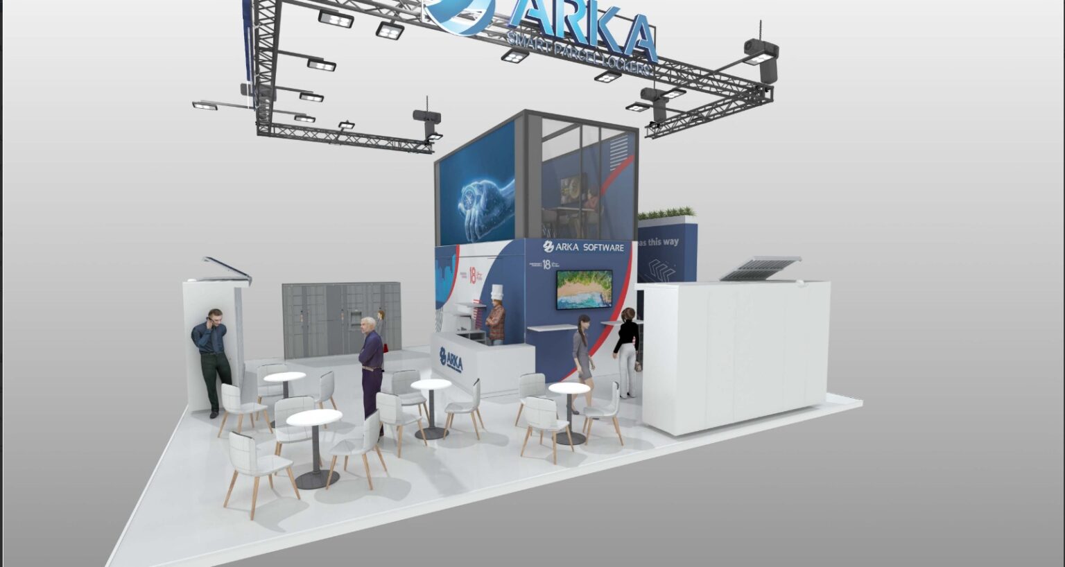Randare 3D a unui stand expoziţional personalizat Arka, cu etaj şi zonă de discuţii