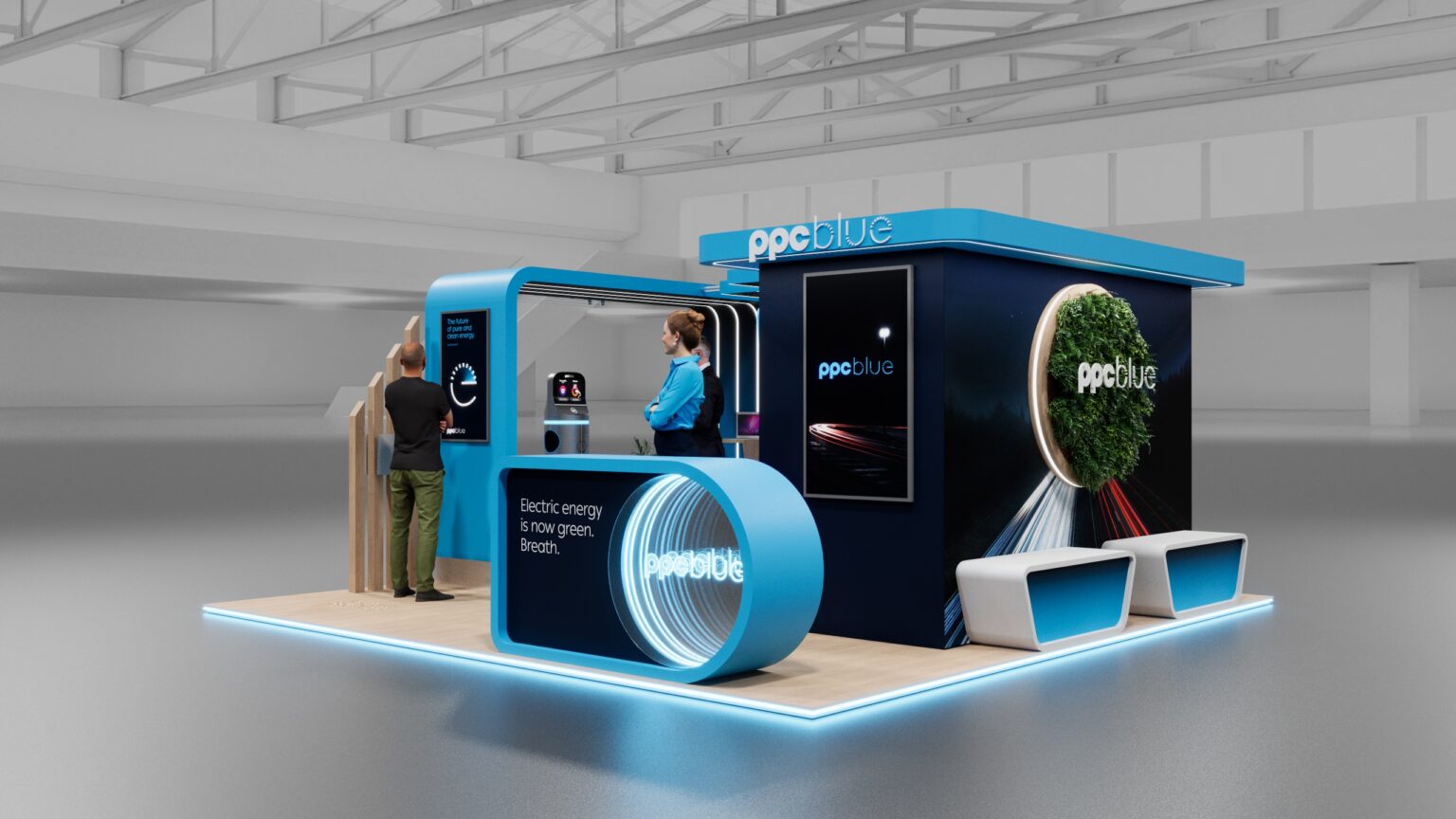 Stand expoziţional PPC Blue cu inel luminos albastru, vizibil de la capătul culoarului