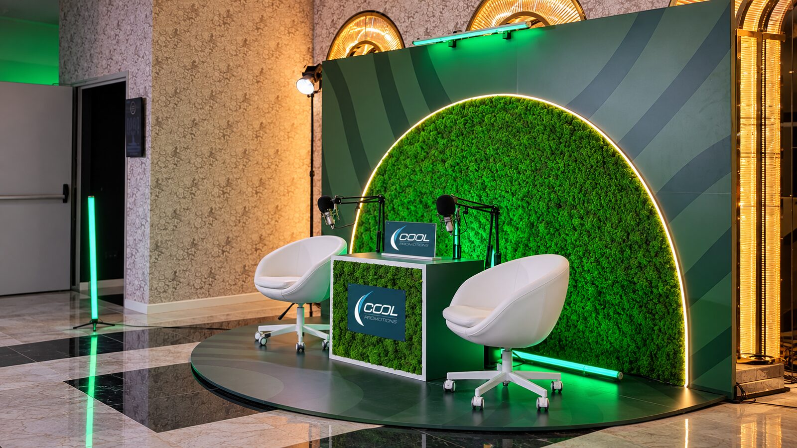 Bespoke exhibition stand joinery and moss wall made in house